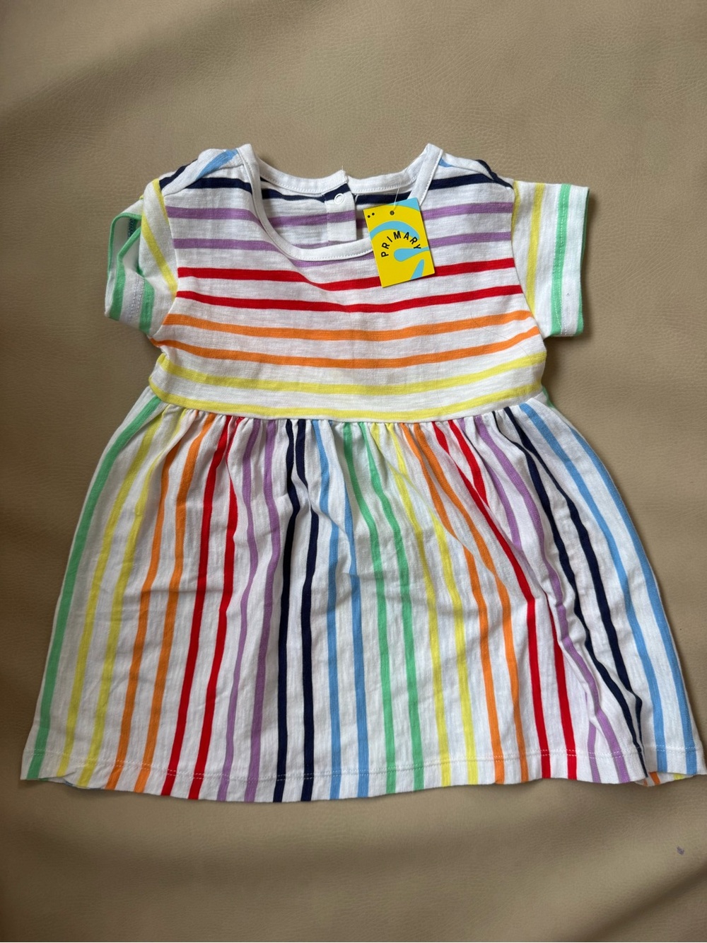 Primary Girls White Dress with Rainbow Stripes